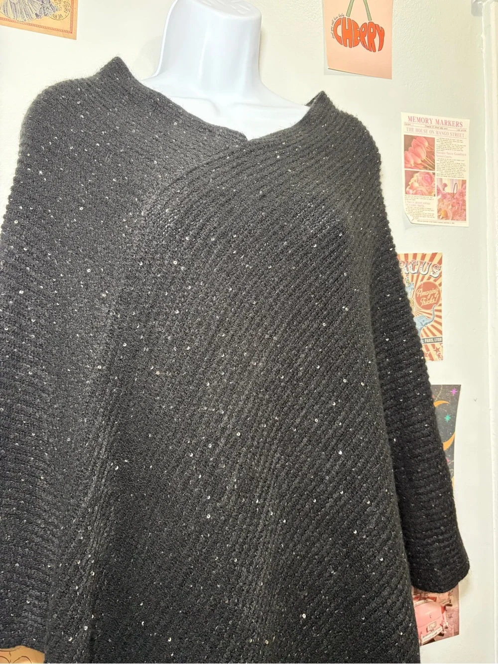 Black Rivet Black Knit Poncho with Fringe Edge